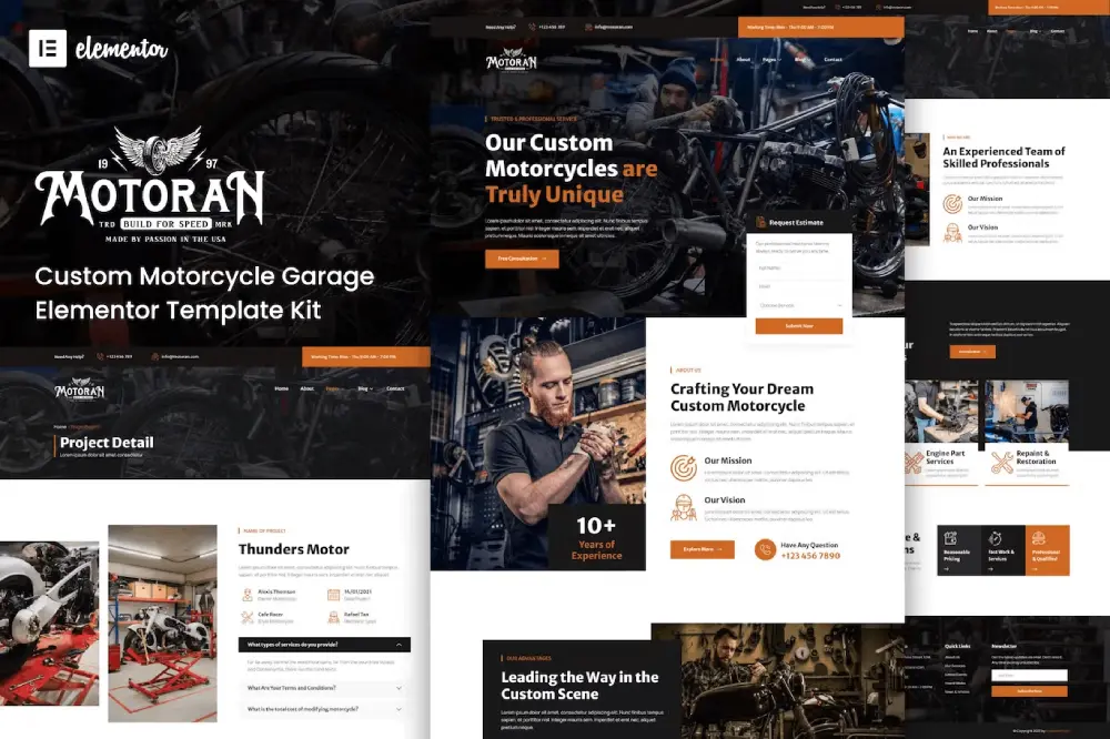 Motoran: Elementor Template Kit for Custom Motorcycle Garage Service