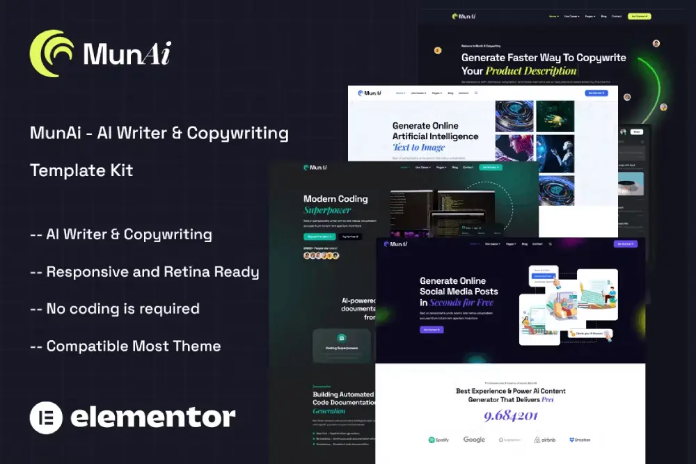 MunAi: Elementor Template Kit for AI Writer & Copywriting Apps