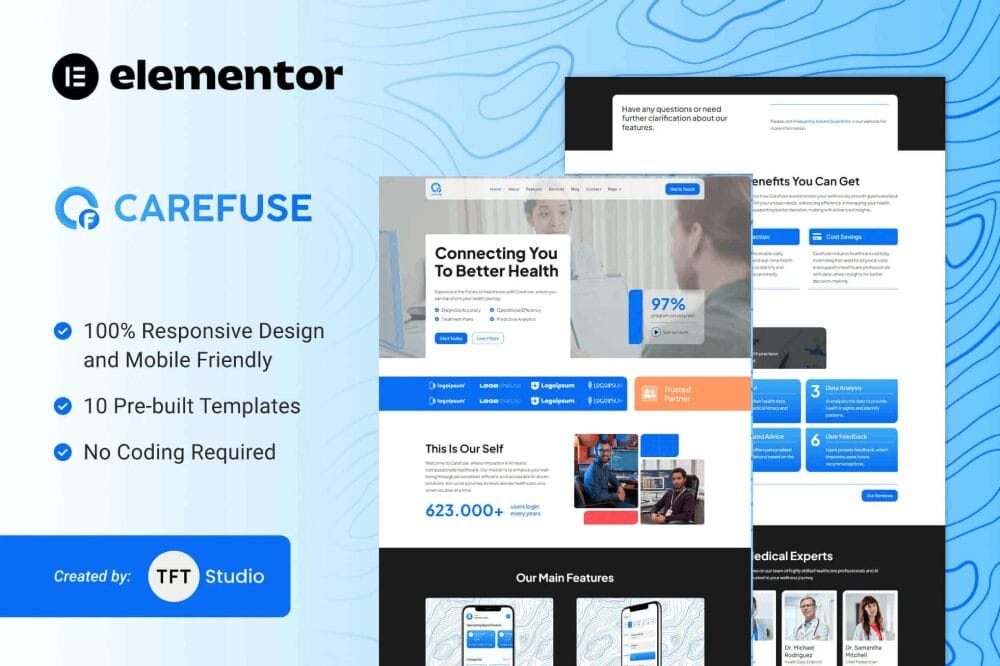 Carefuse: AI Health App Elementor Template Kit for Healthcare Solutions