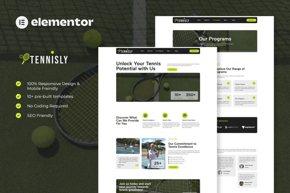 Tennisly: Elementor Template Kit for Tennis Schools & Sports Clubs