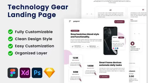 Technology Gear Landing Page for Figma, Photoshop, XD & Sketch