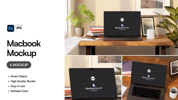 MacBook and Laptop Mockup for Office - 6 PNG & PSD Files, High-Resolution