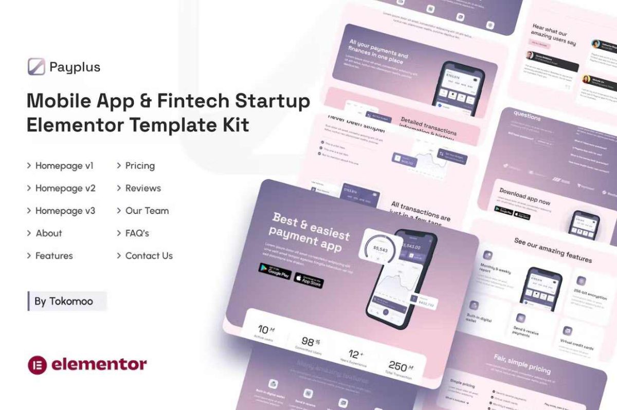 Mobile App & Fintech Startup: Elementor Template Kit for Tech Innovators