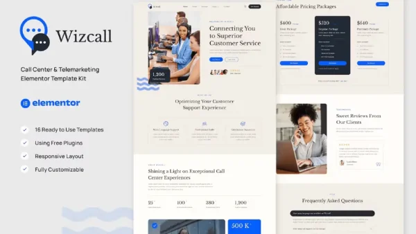 Wizcall: Elementor Template Kit for Call Center & Telemarketing Services