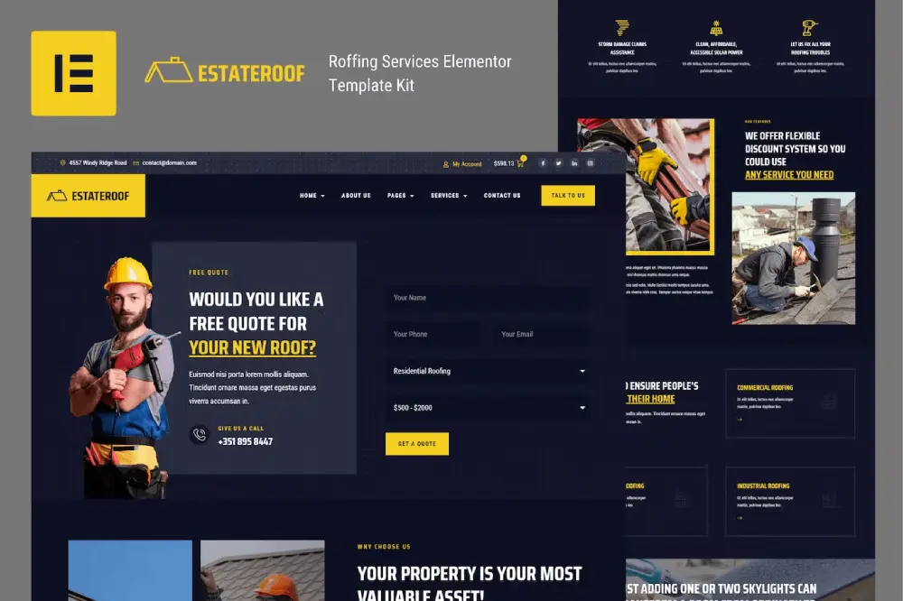 EstateRoof: Elementor Pro Template Kit for Roofing & Solar Services Websites