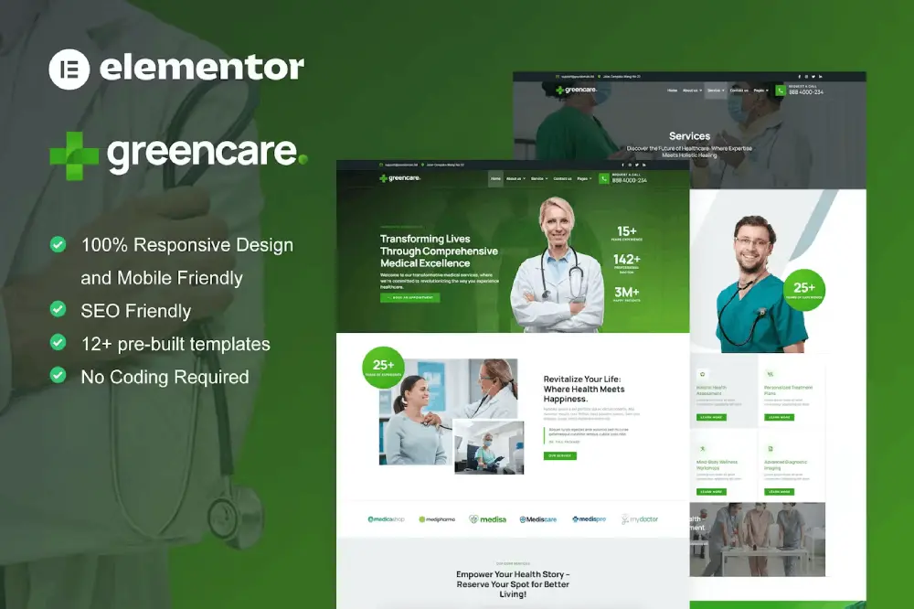 GreenCare – Elementor Template Kit for Medical Services Websites