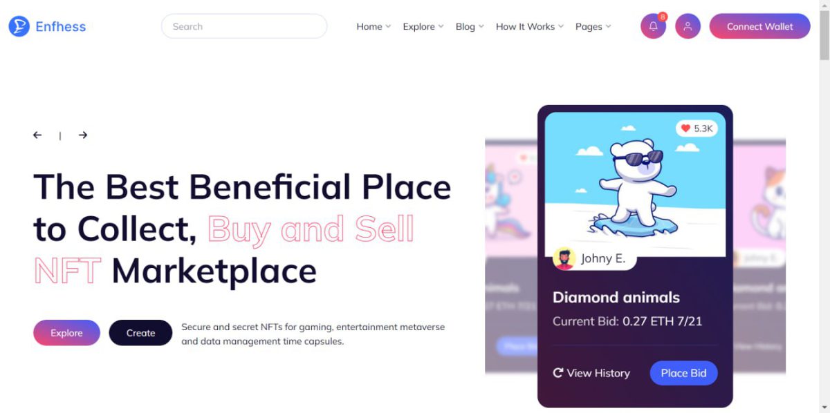 Enfhess - Tailwind NFT Marketplace HTML Template for Digital Assets