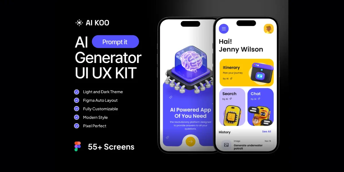 AI KOO - AI Generator Mobile App UI Kit with 55+ Screens for Figma