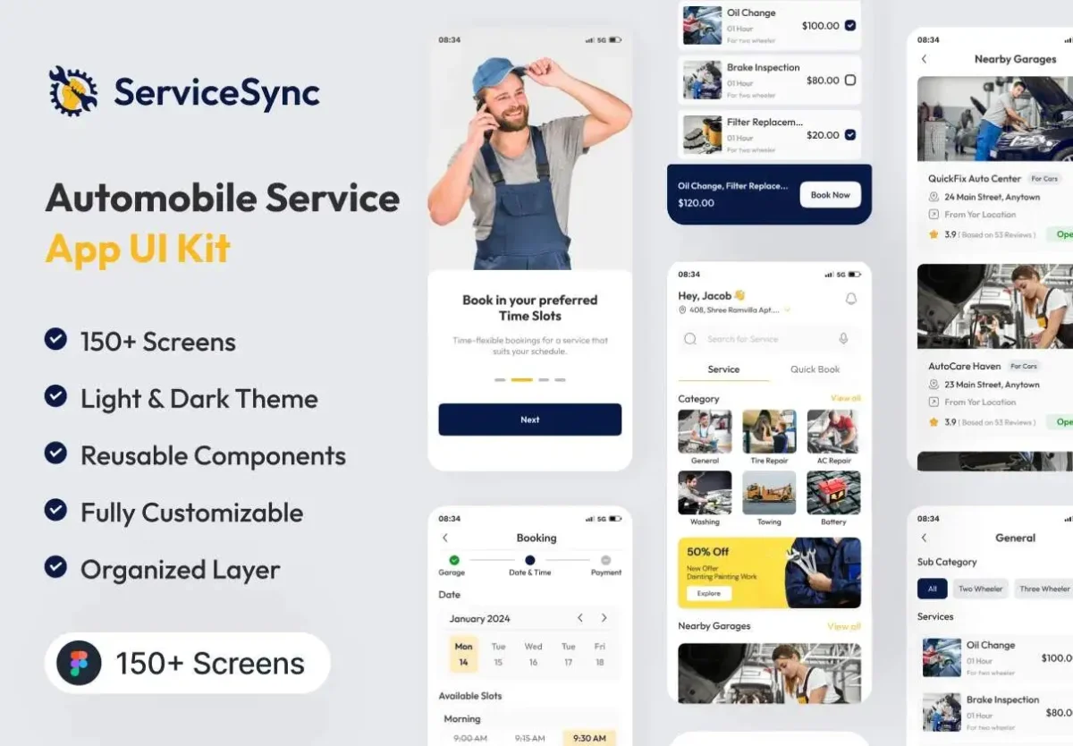 ServiceSync - Premium Vehicle Service Booking App UI Kit with 150+ Screens