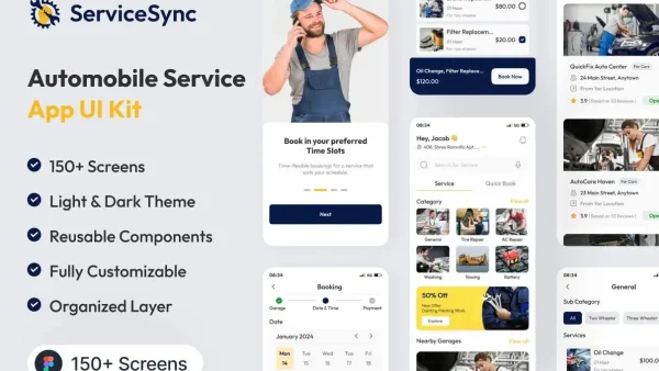 ServiceSync - Premium Vehicle Service Booking App UI Kit with 150+ Screens