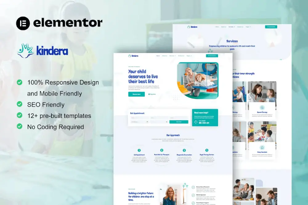 Kindera: Elementor Template Kit for Child Therapy & Psychologist Services