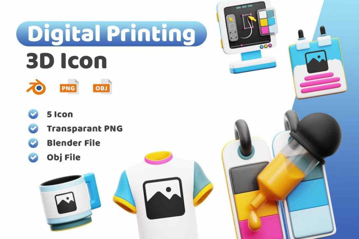 Digital Printing 3D Icon Set – 15 Icons for Printing in PNG, OBJ, BLEND