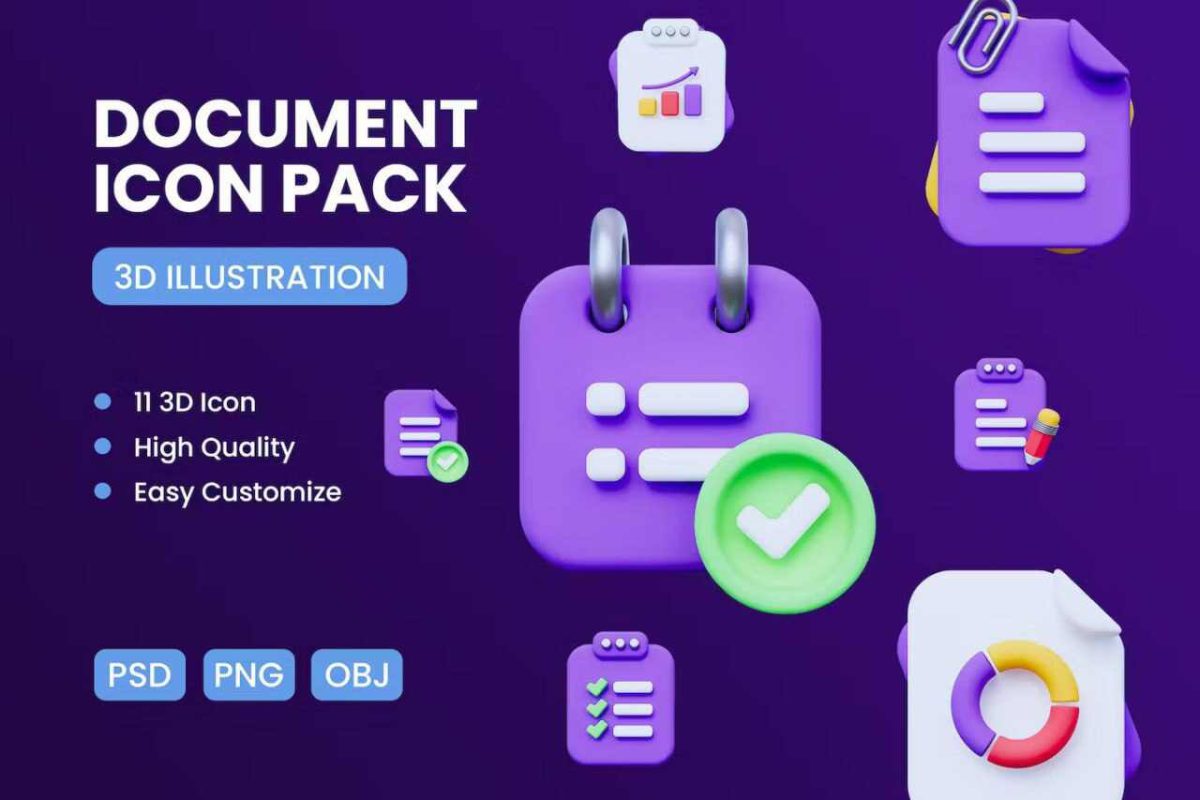 Document 3D Icon Set – 22 Document-Themed Icons in PNG, PSD, OBJ - Image 1