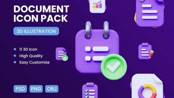 Document 3D Icon Set – 22 Document-Themed Icons in PNG, PSD, OBJ