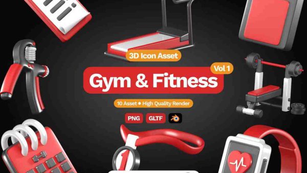 3D Gym and Fitness Icon Set – Workout Icons in PNG, BLEND, GLTF