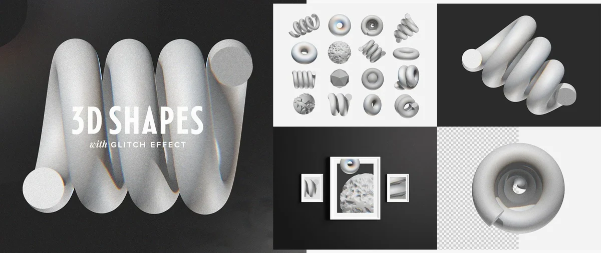 3D Shapes With Glitch Effect - Creative Design Elements | GSE001 - Image 1