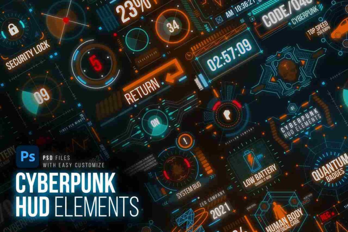 Cyberpunk HUD Elements – Futuristic PSD Design X8V9R2 - Image 1