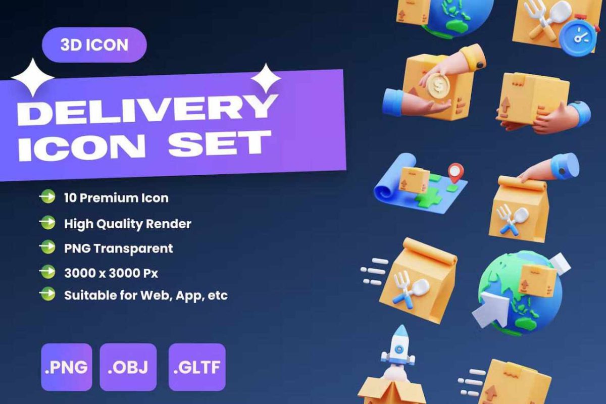 Delivery 3D Icons – Versatile PNG, OBJ & BLEND Files K5M8N4 - Image 1