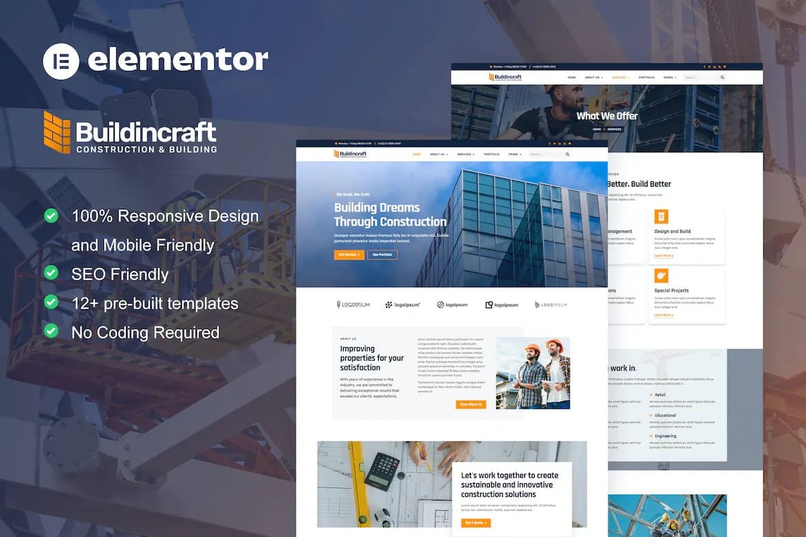 buildincraft buildincraft- construction & building elementor template kit - image 1