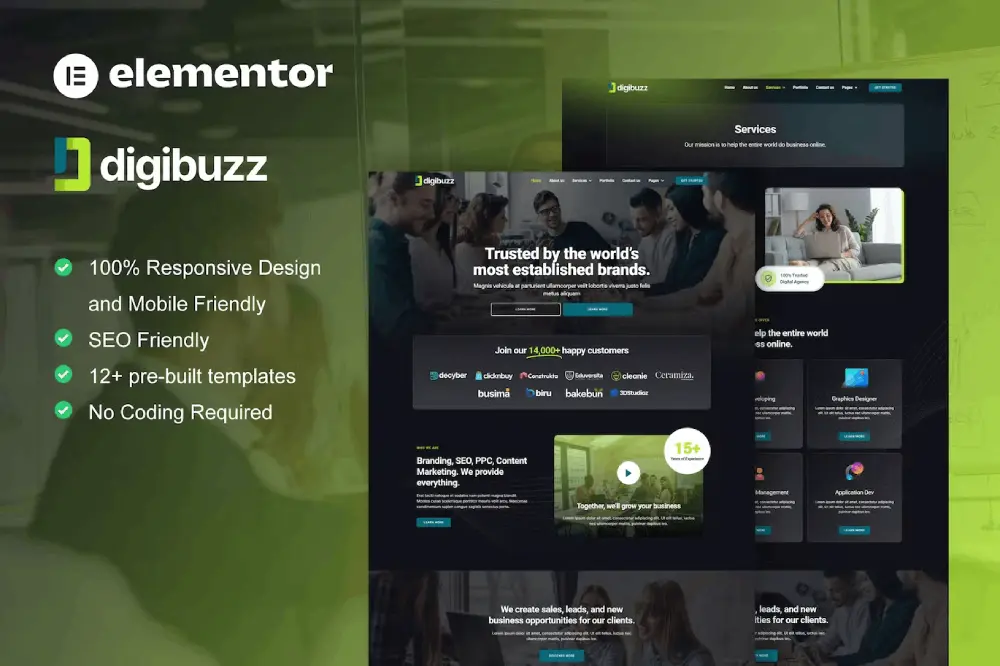 digibuzzcover digibuzz – dark elementor template kit for digital agencies - image 1