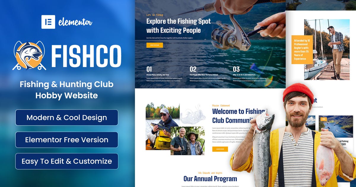fishco fishco - fishing & hunting club hobby elementor template kits - image 1