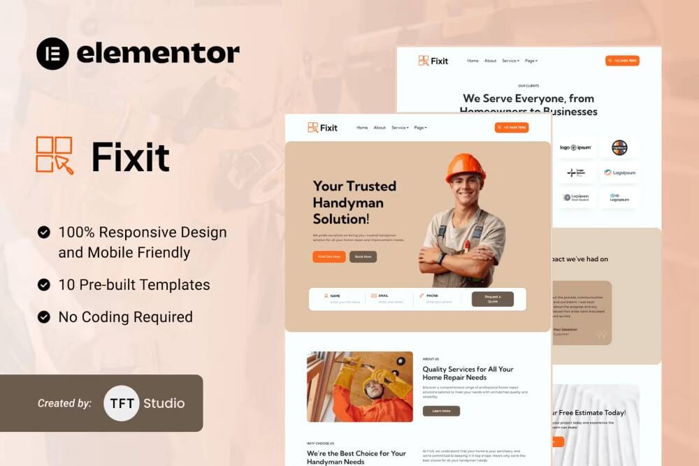 fixitcover fixit - elementor template kit for handyman services - image 1