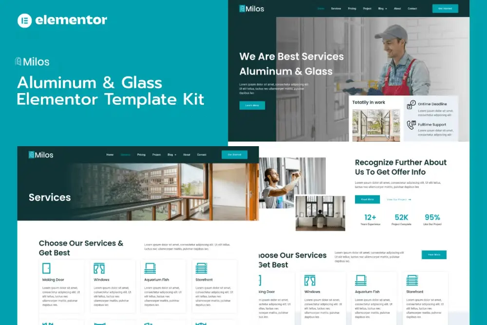 miloscover milos – elementor template kit for aluminum & glass services - image 1