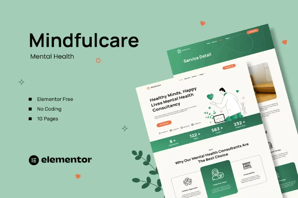 mindfulcarecover mindfulcare – elementor template kit for mental health consultants - image 1