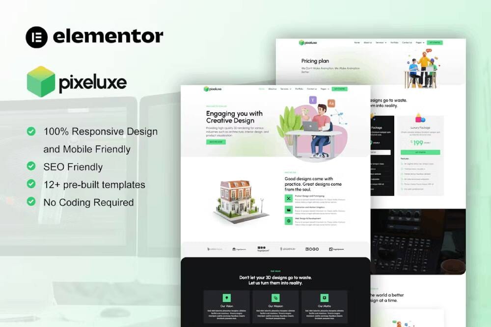 pixeluxecover pixeluxe – elementor pro template kit for 3d design studio & animation - image 1