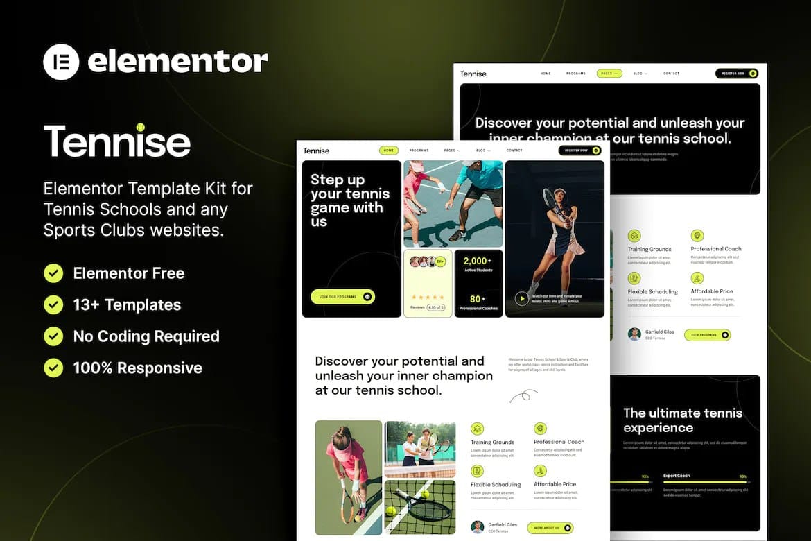 tennise tennise – tennis school & sports club elementor template kit - image 1