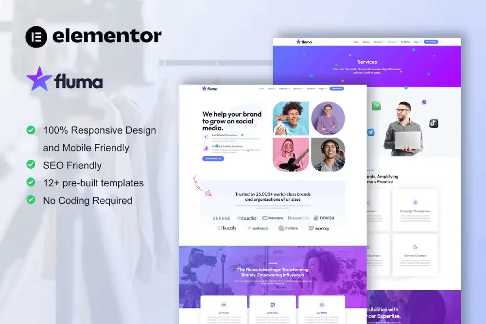 template-kits-2-1 fluma: elementor pro template kit for influencer marketing agencies - image 1