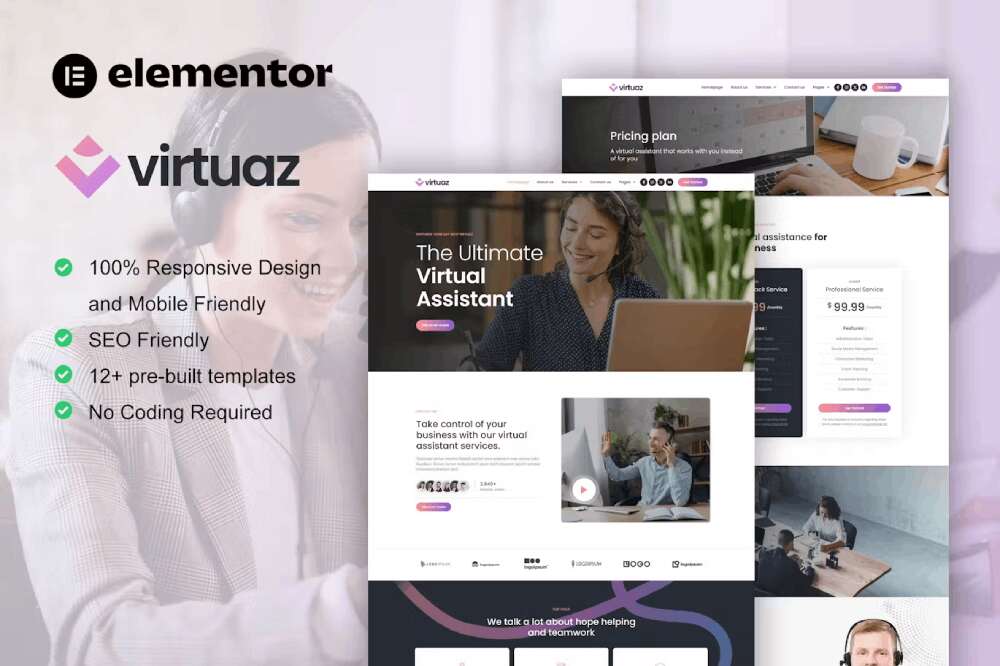 virtuazcover virtuaz - elementor template kit for virtual assistant business - image 1
