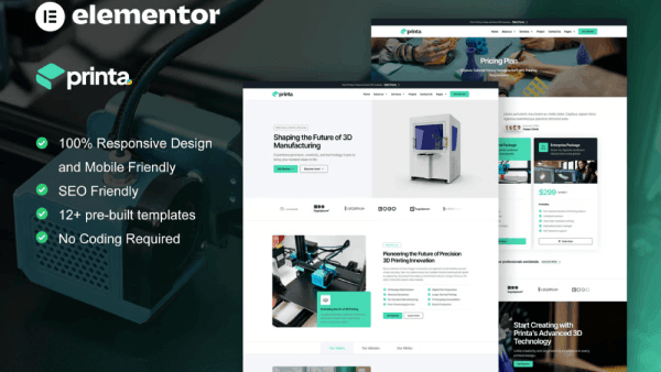 Printa – 3D Printing & Manufacturing Elementor Pro Template Kit