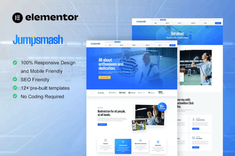 JumpSmash – Badminton Club and Sport Community Elementor Template Kit