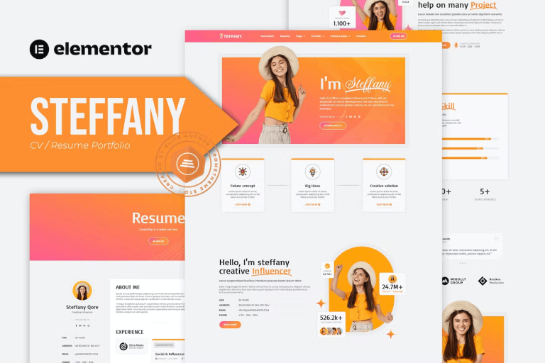 Steffany and CV Resume Elementor Pro Template Kit